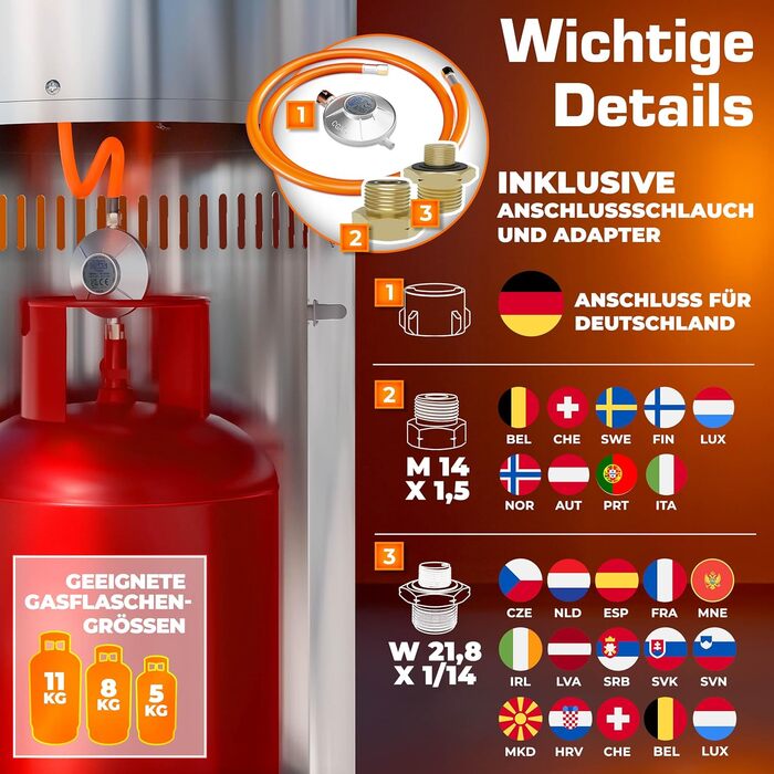 Газовий обігрівач TRESKO® 11 кВт на колесах | Обігрівач для тераси, балкона та саду | Газовий нагрівач-гриб з шлангом та регулятором (сріблястий)