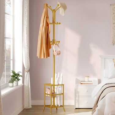 Стійка для одягу FAVOOOSTY з підставкою для парасольки, 12 гачків, для вітальні/спальні, срібло/золото
