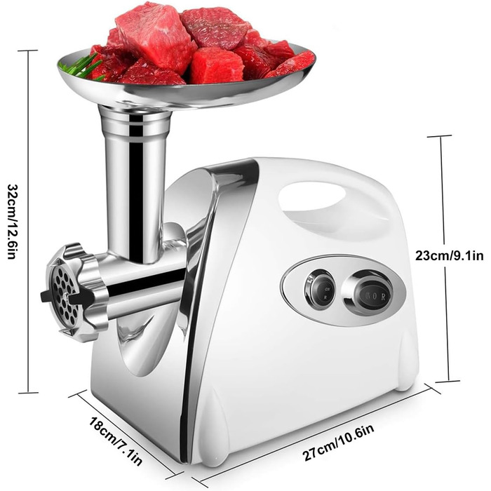 Електрична м'ясорубка та машина для ковбас 2800 Вт, з реверсом, 3 диски, набір для ковбас та куббе (біла)
