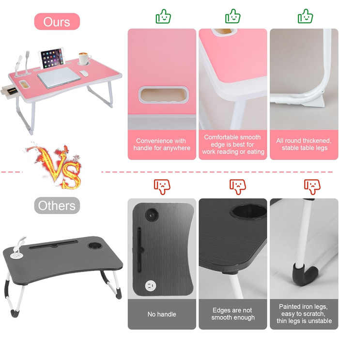 Складаний столик для ноутбука з USB-портами та відділеннями для аксесуарів (Рожевий)