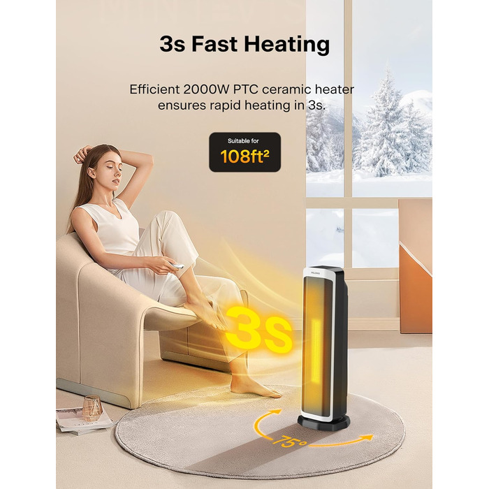 Електрична теплова гармата PELONIS 2000W, керамічна, з термостатом та таймером, захист від перекидання та перегріву, чорна