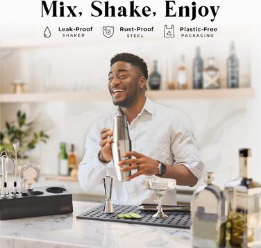 Набір бармена Pro Mixology: 14 предметів, Boston Shaker 28oz, бамбуковий підставник, рецепти коктейлів. Ідеальний подарунок для дому.