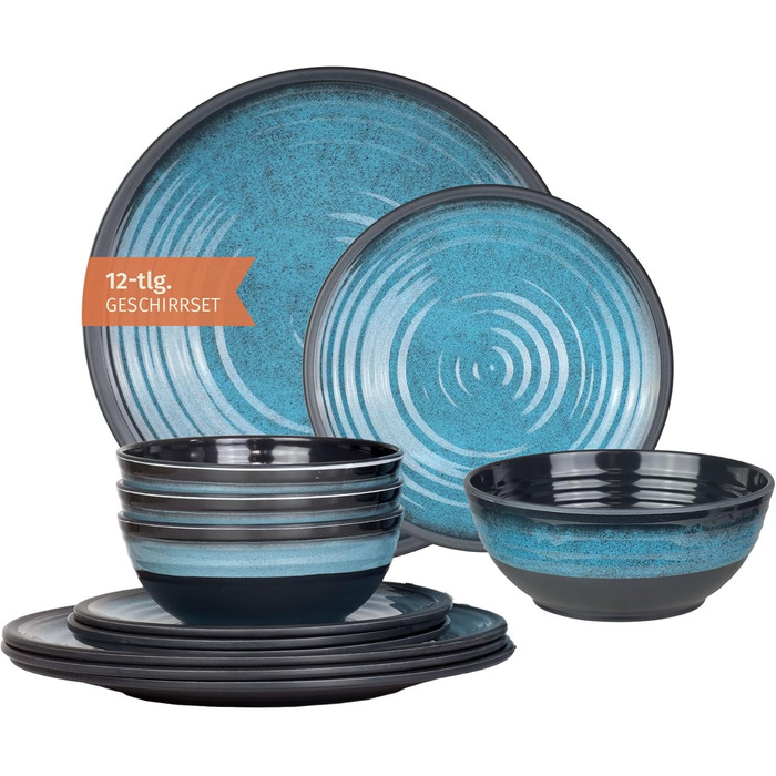 Набір посуду для кемпінгу з меламіну на 4 особи (12 предметів) | Stone Blue | Миється в посудомийній машині | Набір для пікніка