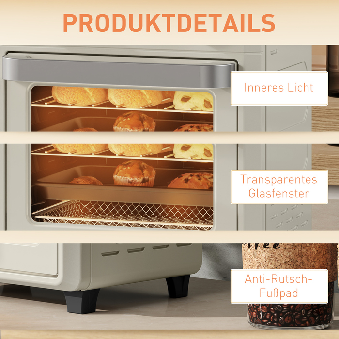 HOMCOM Конвекційна піч на 10 літрів для приготування на грилі, випікання та смаження у фритюрі, з таймером, 1000 Вт, придатна для миття в посудомийній машині, кремово-білий