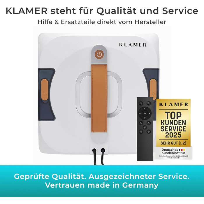 Робот-прибиральник вікон KLAMER 3500 Pa – автоматичний мийник вікон з резервуаром 100 мл, функцією вологого прибирання, розпізнаванням країв, тихий (60 дБ), захист від падіння та смарт-планування. Білий