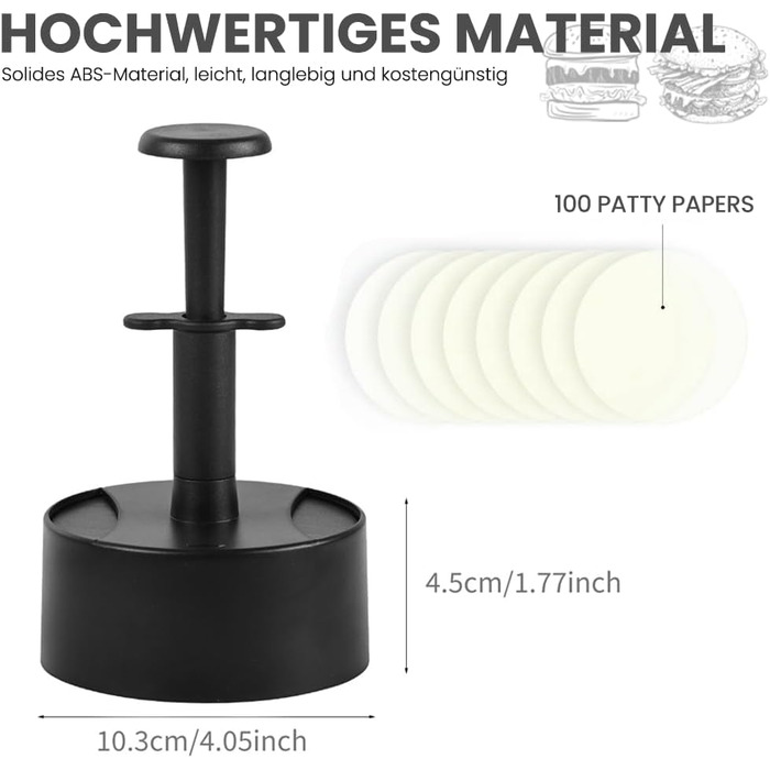 Прес для гамбургерів Bugucat, прес для гамбургерів, аксесуар для барбекю, можна мити в посудомийній машині, з 100 папірцями для котлет, чорний