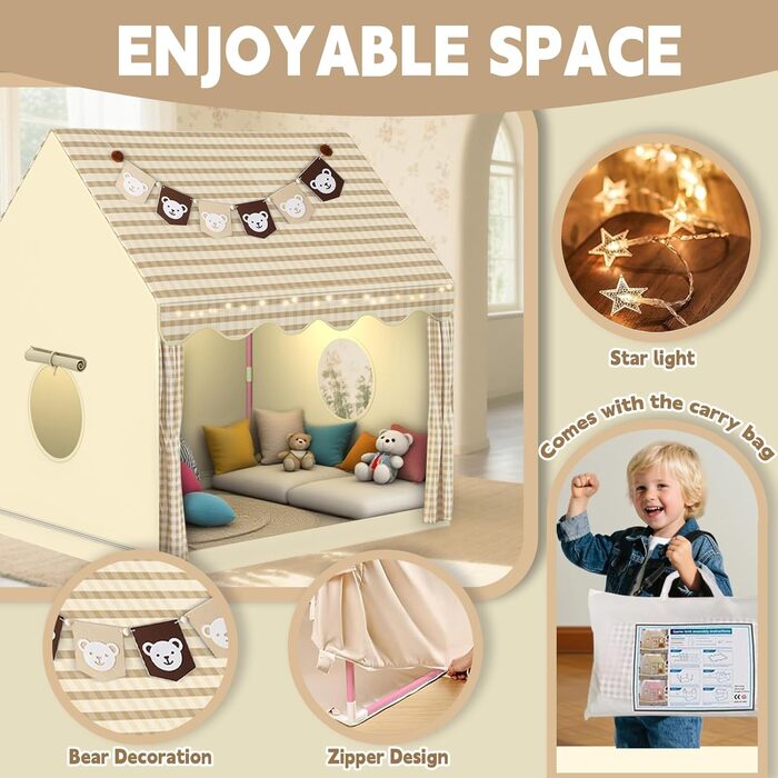 Дитячий намет-будиночок для гри в приміщенні з LED-підсвіткою та декором ведмедика, дитячий намет-ліжко, ігровий намет для дому, намет принцеси з вікнами, декор для дитячої кімнати, намет для читання та дитячий будиночок