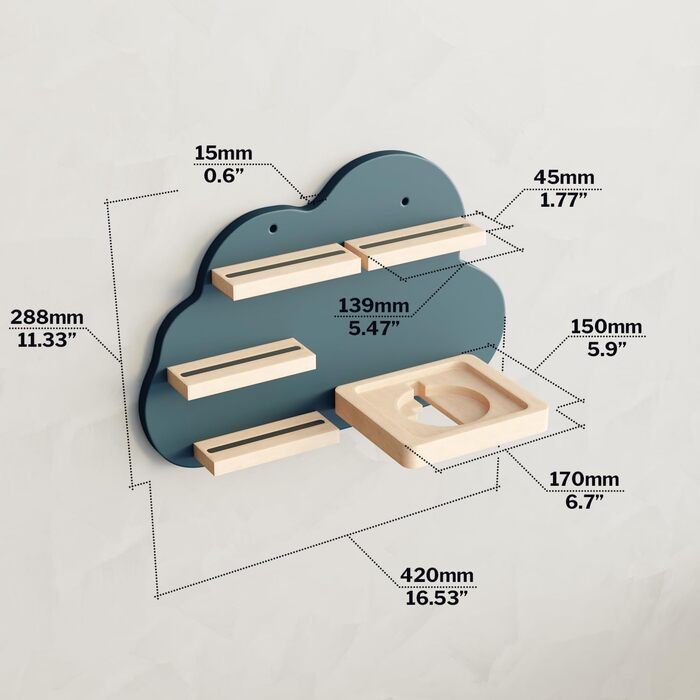 Полиця Tonie, дисплей для колонок і фігур (настінна полиця для дитячої кімнати з дерева FSC, вміщує Toniebox і багато тоні з магнітними кріпленнями, красивий дизайн хмари, ) (Небесно-блакитний)