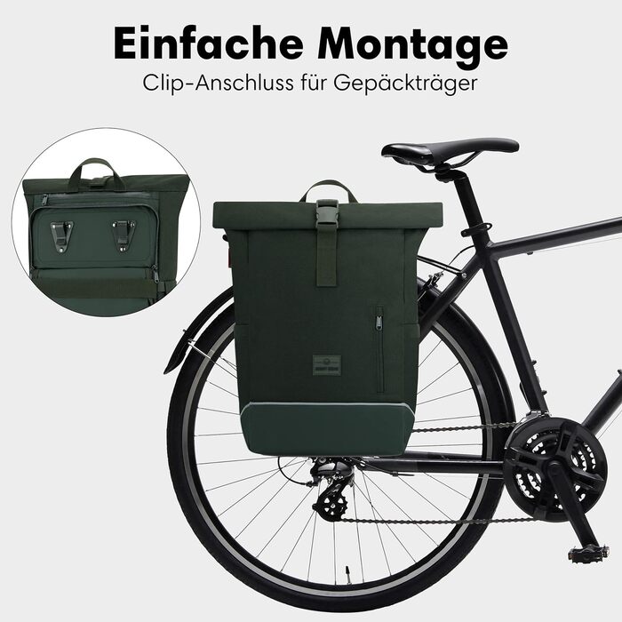 Міські кофри Johnny для багажників жіночі та чоловічі бежеві - Robin Medium Bike - Велосипедна сумка 2 в 1 Рюкзак і сумка для багажу Задня - водовідштовхувальна (темно-зелена, поліестер)