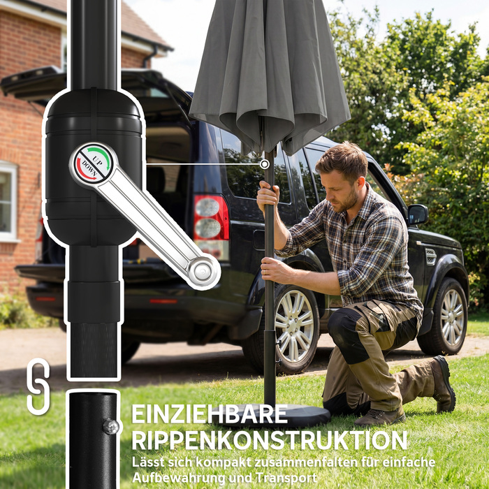 Сонячний парасолька приблизно Ø300 см, регульована, балконний парасолька з ручним механізмом, хрестовина, мішок з піском, захист від ультрафіолету 30+, з можливістю згортання, темно-сірий