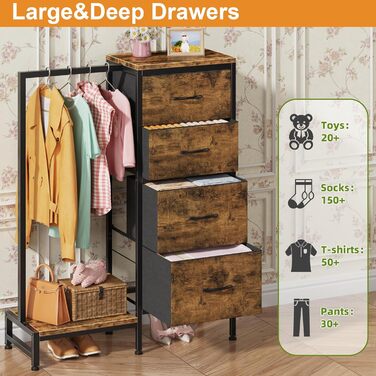 Комод 111 см з 4 висувними ящиками з тканини, з вішалкою, для спальні, вітальні, передпокою, дерев'яний, подарунок