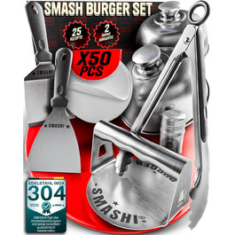 Набір для приготування бургерів SMASHI® з пресом та дзвоном – нержавіюча сталь 304, лопатка для гриля, 50 папірців з антипригарним покриттям, рецепти – Оригінал (SUPREME)