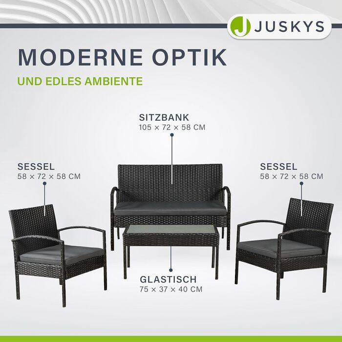 Набір садово-балкових меблів Juskys Trinidad: садова група з столом, софою та 2 стільцями (на 4 особи), сірі подушки