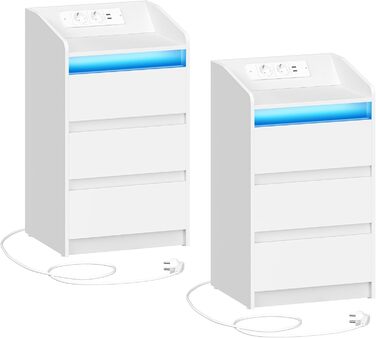 Hzuaneri приліжкові тумби 2 шт. з 3 шухлядами, LED-підсвіткою, розетками та USB, білі, для спальні та вітальні
