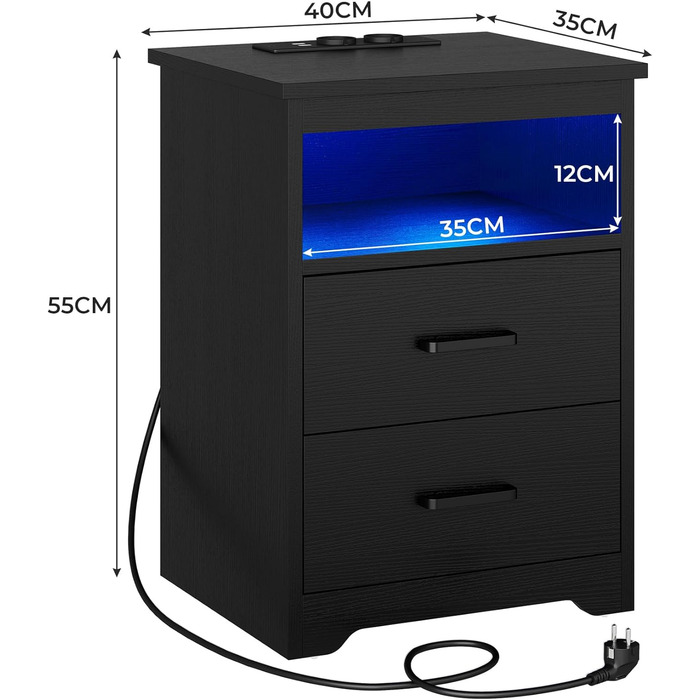 Приліжкова тумба з LED-підсвіткою, зарядною станцією та USB, 2 шухляди, чорна, для спальні та вітальні
