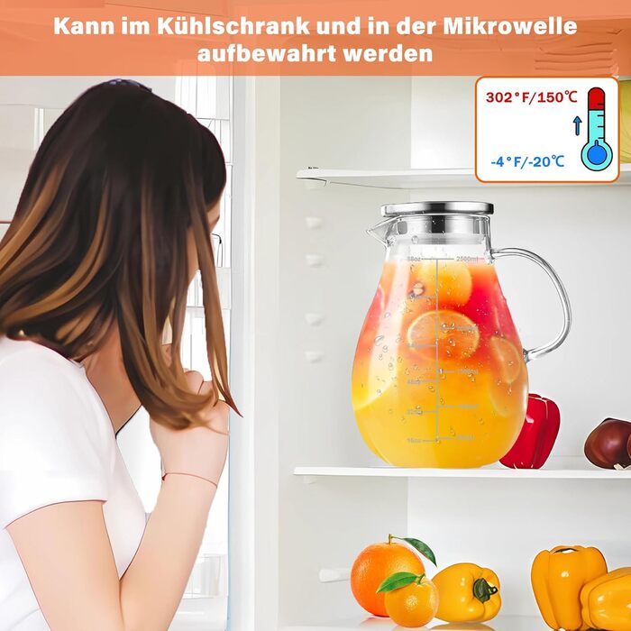 Скляна карафа з кришкою, 2500 мл, термостійке боросилікатне скло, з ситечком, для напоїв, чаю, кави, вина, молока, з щіткою для чищення
