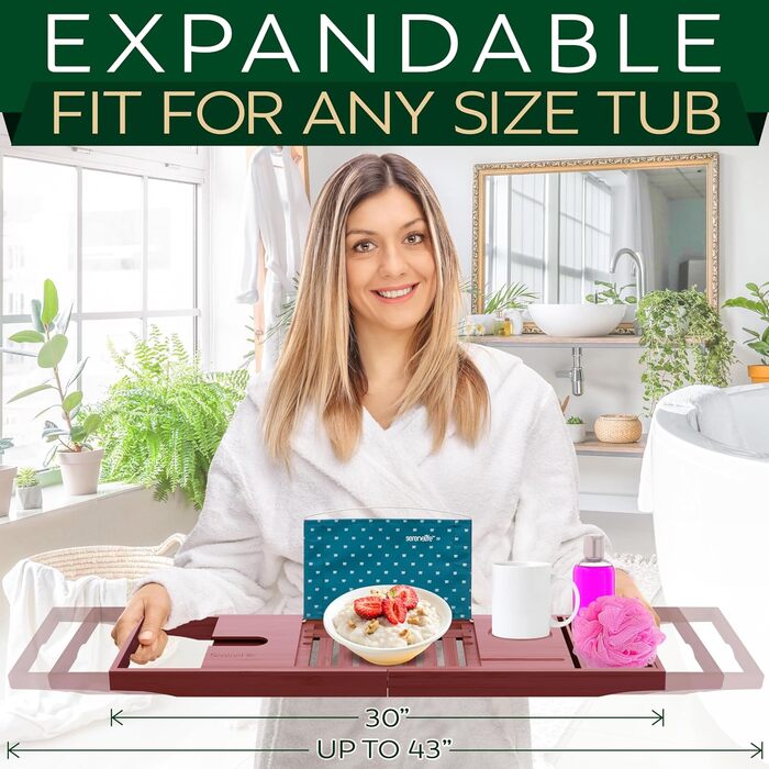 Підставка для ванни SereneLife з дерева – Розширювана підставка для ванни 70-105 см з тримачем для напоїв та книжковою підставкою (Колір: Коричневий)