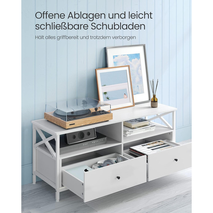 Тумба під телевізор VASAGLE, 120 см, з 2 шухлядами та 2 відкритими полицями, для телевізорів до 55 дюймів, сталевий каркас, вінтажний колір, LTV300B01