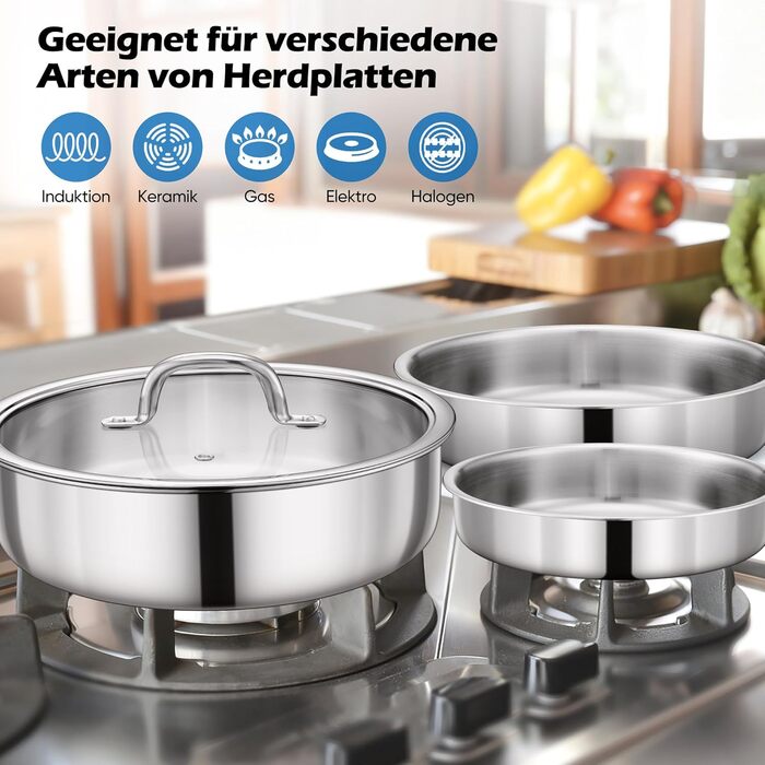 Набір каструль Joyfair, 9 предметів, з нержавіючої сталі, знімний ручка, для індукційних плит, сумісний з усіма типами плит, можна використовувати в духовці та мити в посудомийній машині