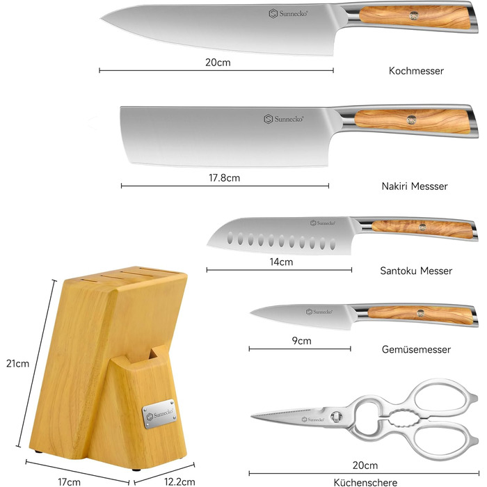 Набір ножів Sunnecko 6 шт. з підставкою – кухонний набір ножів, кухонні ножі з ергономічними ручками, гострими лезами, підставка з нержавіючої сталі та акації