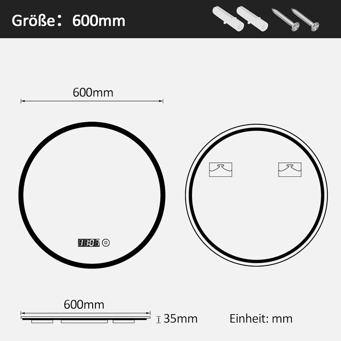 Круглий дзеркало для ванної кімнати Boromal з підсвічуванням, годинником та 3 кольорами світла (60см)