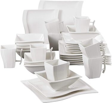 MALACASA Серія Flora – 60-елементний посуд для 12 осіб – кремово-білий порцеляновий сервіз з квадратним дизайном (тарілки, чашки, підтарілки) – придатний для миття в посудомийній машині та використання в мікрохвильовій печі, білий