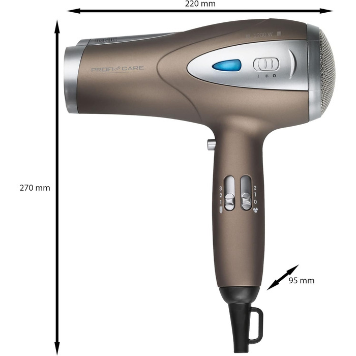 Фен ProfiCare з функцією іонізації 2200 Вт Екстра легкий дорожній фен 3 рівні потужності та 2 рівні вентилятора Фен в т.ч. Cool-Shot Фен з дифузором і насадкою для формування PC HTD 3113 коричнево-коричневий *Модель 2023*