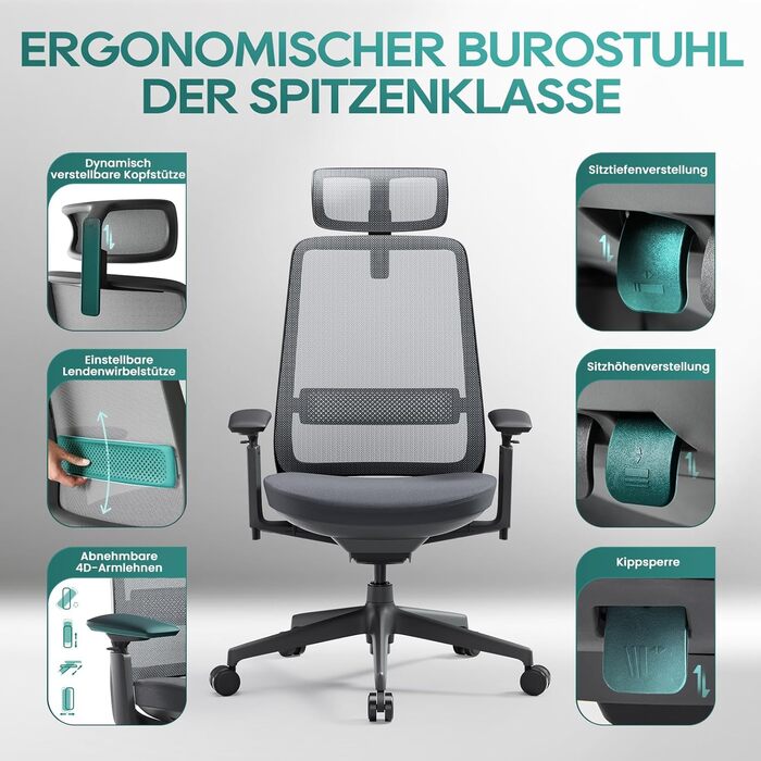 Ергономічне крісло Colamy для офісу, чорне: регульована глибина сидіння, 4D підлокітники, підтримка попереку (до 136 кг)