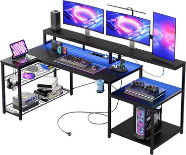 Ігровий стіл Bestier 181x80 см з LED-підсвіткою, 3 розетки AC та 2 USB, стіл для комп'ютера, чорний з карбоном