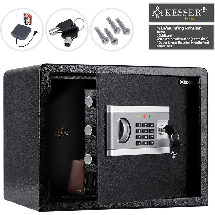 KESSER® Електронний сейф | 38x30x30 см | з батарейним відсіком | Вбудоване освітлення | Настінний/підлоговий сейф | Чорний