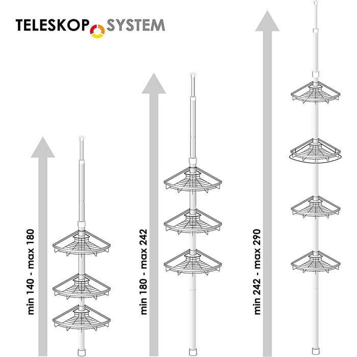 Кутова полиця для телескопа bremermann, 4 кошики, телескопічний стрижень довжиною не більше 290 см (білий)