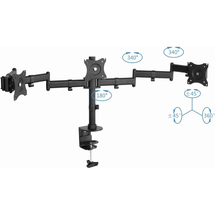 Кріплення для монітора PureMounts для 3 моніторів, 17-32 дюйми, до 8 кг, VESA 75/100, 360° обертання, регулювання висоти та нахилу, чорний
