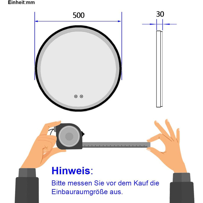 Круглий дзеркало для ванної кімнати EMKE з підсвічуванням 50 см, 3 кольори, диммування, антизапар, пам'ять, сенсорне керування, таймер 3 години, енергозбереження