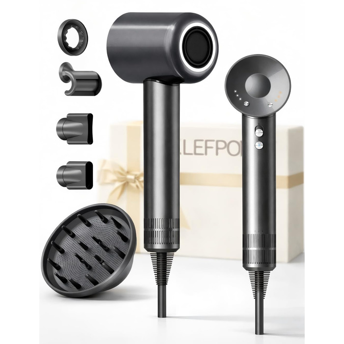 Професійний фен для волосся з дифузором та 5 насадками, іонний, 1600W, безщітковий мотор, низький рівень шуму, сріблясто-сірий