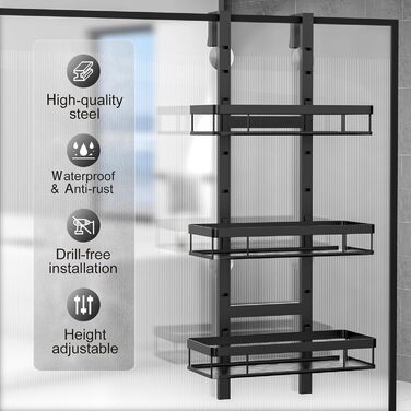 Підвісна полиця для душу Diwoker, 3 душові кошики, без свердління, чорний