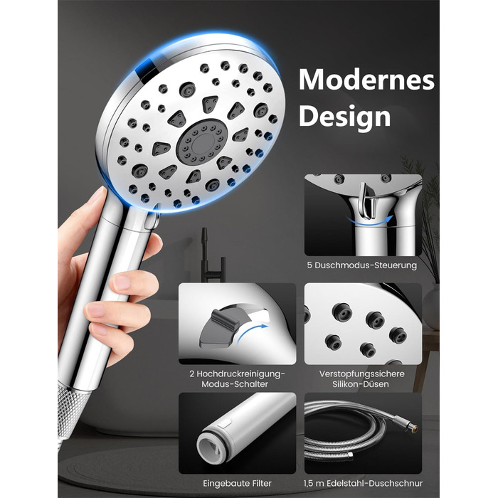 Фільтр для душу MEKO, високий тиск, ручна лійка з 15-шаровим фільтром, шланг 1,5м, 3 режими, економія води, видалення хлору, жорсткої води, важких металів (срібла)