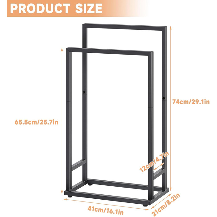 Підставка для рушників на підлозі, металева, чорна, з 2 перекладинами, для ванної кімнати, стабільна, економна