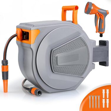 Шланговий барабан з шлангом 30м для саду, настінний автоматичний ролик, поворот 180°, водяний бокс з 9 функціями, для поливу та миття авто, сірий-помаранчевий, 30M