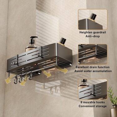 Полка для душу Voldra без свердління, кутова, з присосками, для ванної кімнати, металева, з тримачем для рушників (2 шт., сіра)