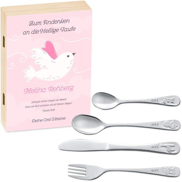 Набір дитячого столового прибору Maverton Kinderbesteck з гравіюванням + дерев'яна коробка з надруком - з тваринами - з нержавіючої сталі - коричневий - подарунок для дівчинки на день народження, хрещення, народження - різдвяні подарунки - плюшевий ведмед