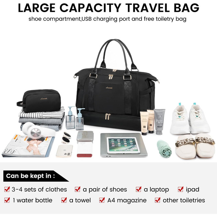 Спортивна сумка LOVEVOOK для подорожей: жіноча дорожня сумка-weekender з культюрною косметичкою, відділенням для взуття та мокрих речей, водонепроникна сумка для ночі, сумки для тренажерного залу, подорожей та аеропорту (37L, чорний)
