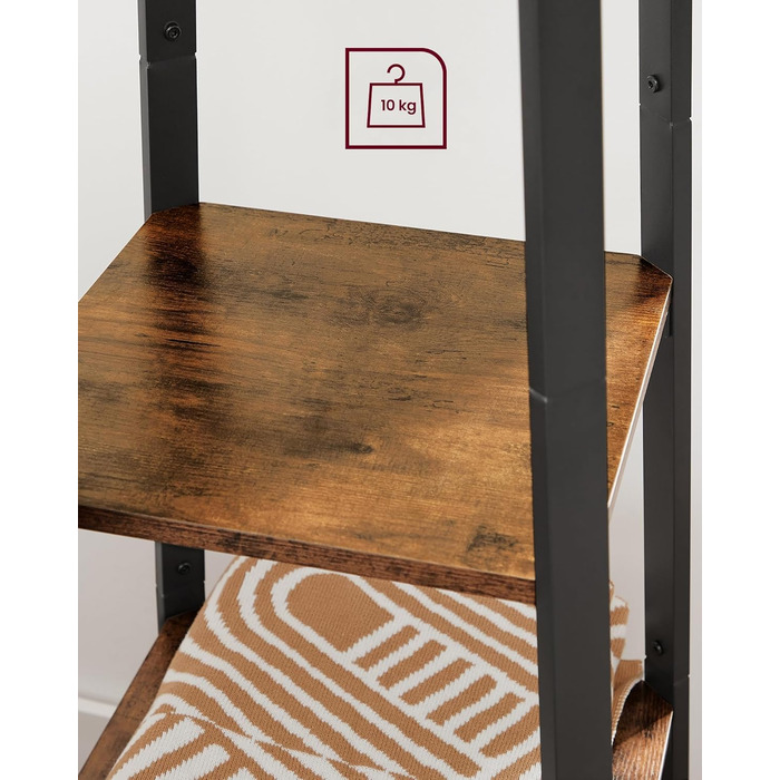 Стійка для одягу VASAGLE з 8 гачками, 4 полицями та перекладиною, металевий каркас, для шарів, курток, сумок, для прихожого, золотий дуб + білий (вінтажний коричневий + чорний)