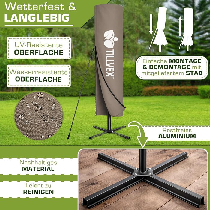 Прямокутна садова парасолька tillvex® Alu 330 см з LED-підсвіткою, ручкою та чохлом, колір Капучино — Алюмінієвий зонт-ампел з стійкою, захистом від вітру та UV-променів, водонепроникний, поворот на 360°