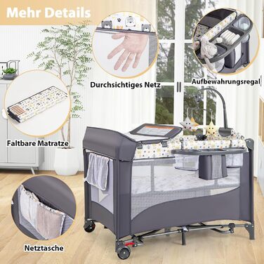 Дитяче ліжко-манеж DREAMADE 5 в 1 з матрацом, з колесами та пеленальним столиком, з музичною іграшкою, 110x76 см, для новонароджених, з сумкою для перенесення (зелений, кольоровий)
