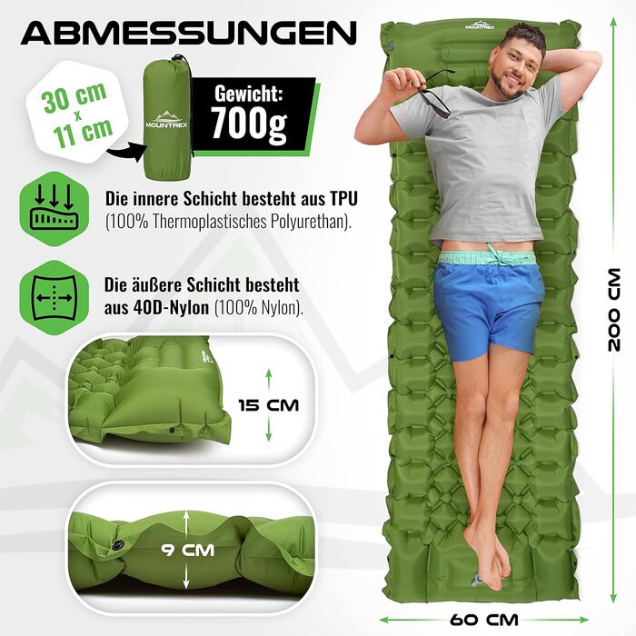 Спальний килимок MOUNTREX - Надувний матрац для активного відпочинку для кемпінгу - Ультралегкий і невеликий розмір рюкзака (700 г) - Надувний матрац, килимок для сну з ножним насосом - складний і підключається (зелений)
