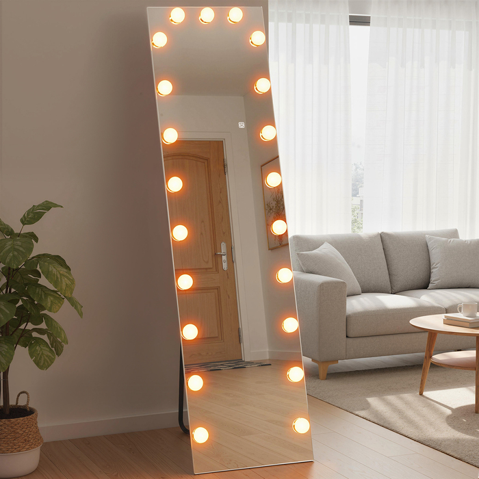 Дзеркало у повний зріст 150x40 см з RGB-підсвіткою LED, настінне/підлогове, з 21 лампочкою, 7 кольорів підсвітки, сенсорне керування, функція пам'яті.