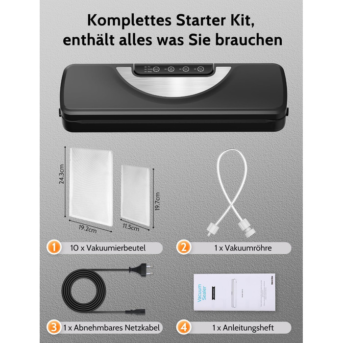 Вакууматор 5 в 1 для продуктів з вбудованим різаком та функцією Sous Vide, вакуумний пакувальник з набором пакетів та шлангом, чорний