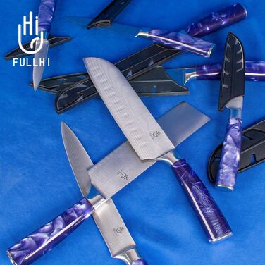 Японський набір ножів FULLHI 15 предметів з магнітним підставкою, леза з японської сталі, ергономічні ручки з смоли для професійної та домашньої кухні (фіолетовий, 14 ножів)