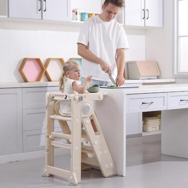 Стілець-сходилка для дітей Hoopyosms: регульована, складана, Montessori, для кухні, ванної, дитячої кімнати, 2-в-1 (Бежевий)