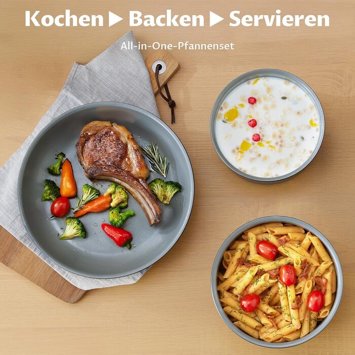 Набір каструль BEZIA 17 предметів з знімним ручками, антипригарне покриття кераміки, набір для індукційних плит, підходить для всіх типів плит, складається, набір каструль Induktion, посуд для кемпінгу, придатний для духовки (темно-сірий)